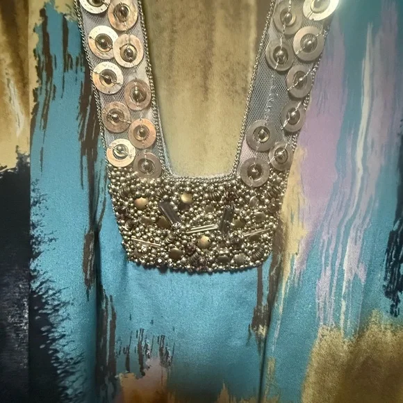 Akiko Sleeveless Silk Blouse w Matte Gold Sequin collar trim drawstring bottom